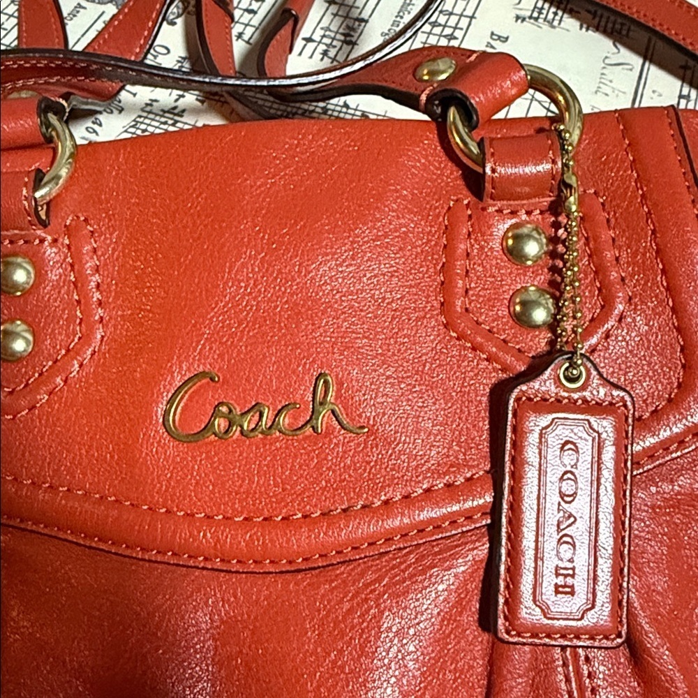 Coach Ashley leather carryall bag in a bright orange color w/ gold tone hardware - Picture 2 of 10